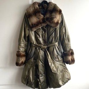 Green Winter Long Puffer with Pockets Belt and Real Fur (Shaved Mink) Collar